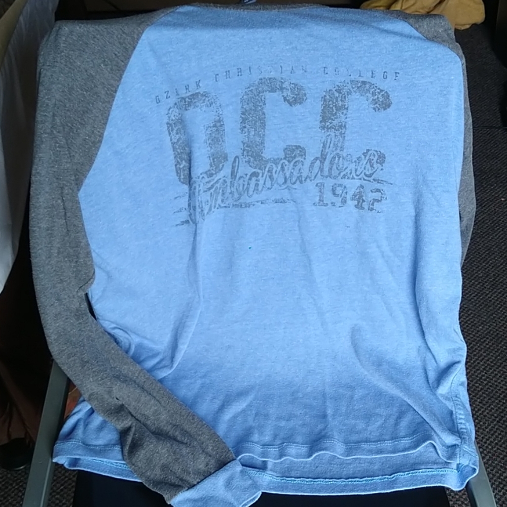A blue and grey long sleeve shirt